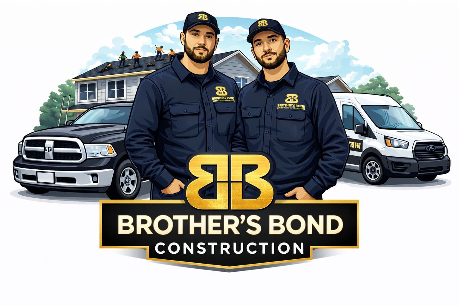 Brother's Bond Construction logo with the two brothers in branded uniforms