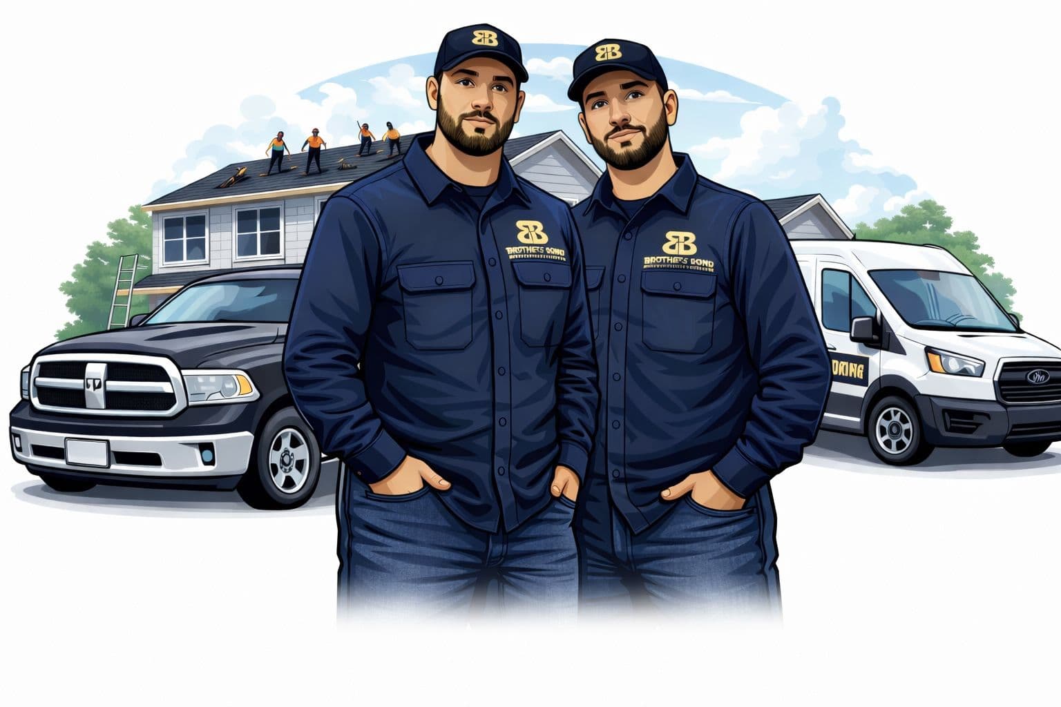 The Brother's Bond Construction team with their work trucks and roofers on a residential home in New Jersey